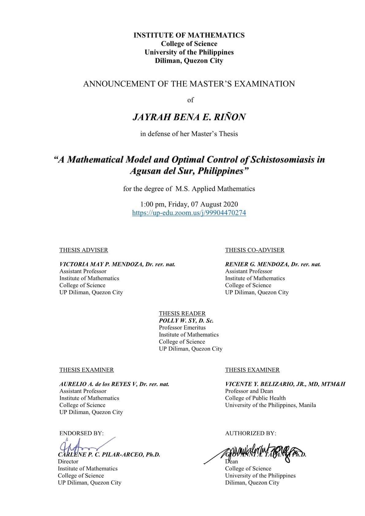 Master S Examination Jayrah Bena E Rinon Institute Of Mathematics